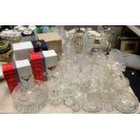 A Waterford Colleen Cut brandy balloon; a set four Stuart cut glass wine glasses; A boxed pair of