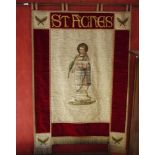 A 20th century wall banner, St Agnes, painted and printed and embroidered, 140cm high, 91cm wide