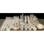 Glassware, various drinking glasses including tumblers, cut glass decanters, wine glasses, vases etc