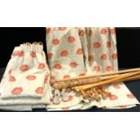 Four pairs of cream damask curtains with embroidered rust coloured marigolds 130cm wide, 113cm drop;