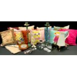 Interior design - Three Designer Guild cushions including Miss Muffet Magenta, Kitty Cat Lemon &