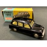 Corgi 481 Austin ?Taxi? - black body, lemon interior, silver trim, flat spun hubs, blue and yellow