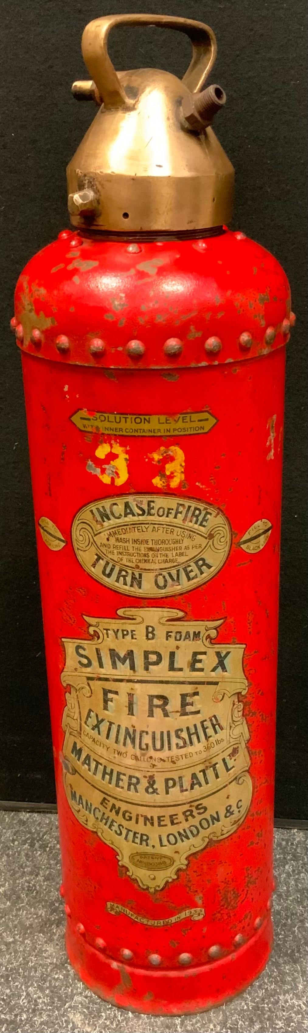 A vintage Mather and Platt Limited Simplex Type B foam fire extinguisher, manufactured 1935?