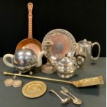 Metal Ware - a Garrards silver plated teapot; ornate floral cast Sheffield plate candlestick; copper