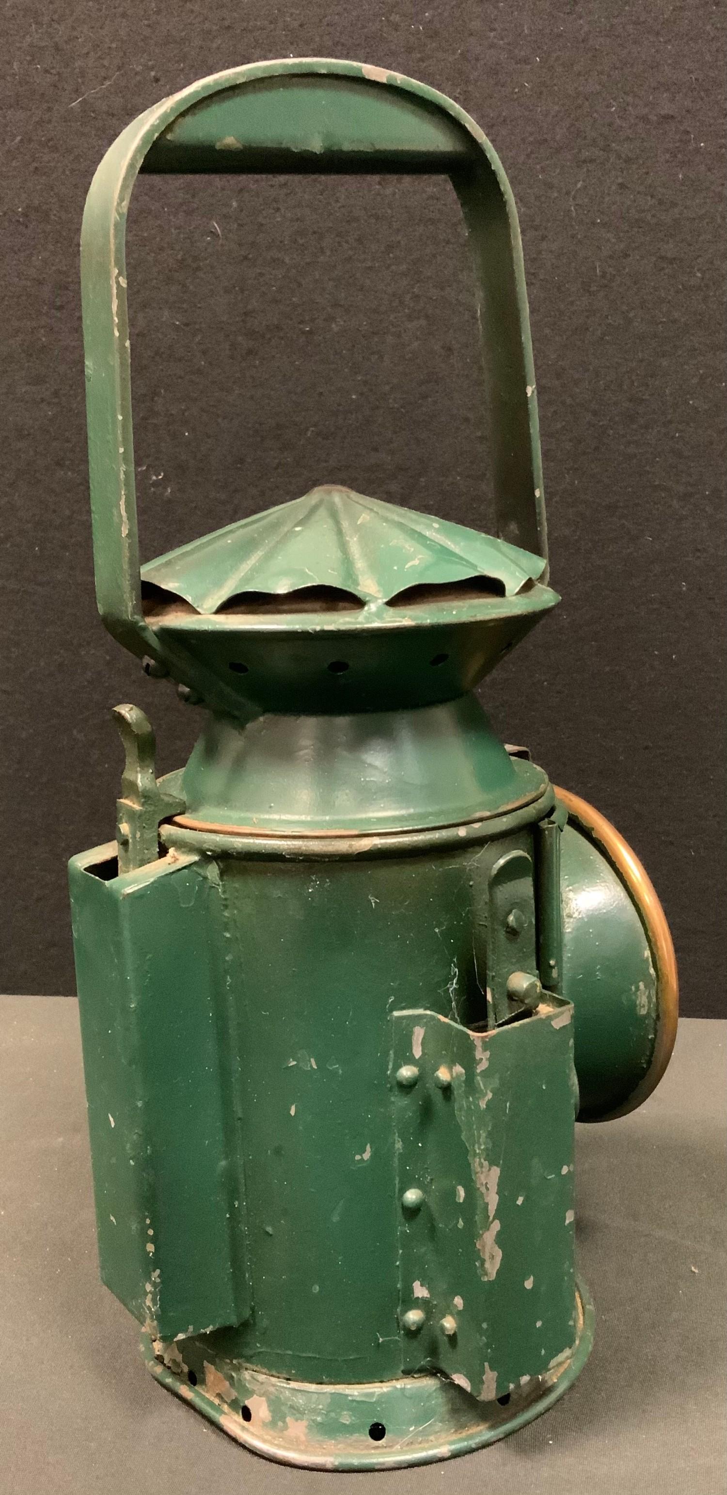 A World War II period green painted military issue Railway guardsman's lamp, by C Eastgate & Sons, - Image 3 of 3