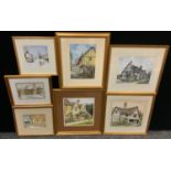 A Roy Merrington, Tudor Cottages, signed, watercolour, 24cm x 28cm; others, similar; Riverside