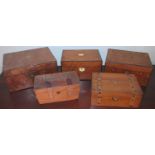 A Victorian walnut and tunbridge banded work box, 27cm wide, c.1870; another, smaller, 24cm wide,