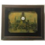 A wall clock mounted in a printed scene of canal side buildings.