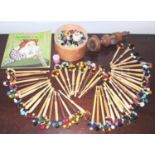 Sewing Accessories - a treen sewing clamp and pin cushion, 19cm long; lace bobbins, with beads; etc