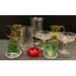 A pair of Thomas Webb green and clear flashed glass taper holders, Victorian celery vase, jugs etc