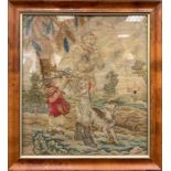 A 19th century woolwork tapestry panel, Figures Walking in the Woods, 42cm x 37.5cm