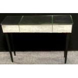 A retro mirrored console table, single drawer to frieze. Tapering square legs. 76cm high x 100cm x