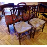 A Victorian balloon back dining chair; another William IV; a rush seated ladder back chair; etc (4)