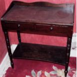 A 19th century mahogany side table, three quarter gallery, two drawers, tuned legs, shelf stretcher,