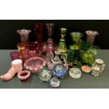 A pair of 20th century cranberry and clear glass vases, fluted rims; cranberry glass including a
