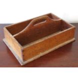 A 19th century oak two section cutlery box, pierced handle, 41cm long