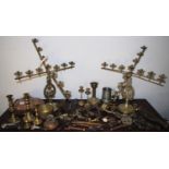 Metal Ware - a pair of unusual brass altar candlesticks; brass candlesticks; piano sconces; etc