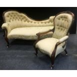 A rosewood two piece salon suite comprising button back sofa, scrolling Arms, serpentine seat,