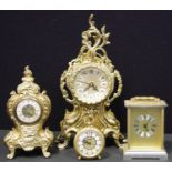 A Polaris mechanical boudoir clock, swept gilt metal case, another larger quartz etc (4)