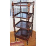 A 19th century mahogany four tier whatnot, drawer to base turned pilasters, 135cm high, 48cm wide,