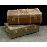 A vintage rectangular wooden bound traveling trunk, 92cm x 52c, x 32cm another (2)