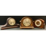 An early 20th century oak cased chiming mantle clock, silvered dial, Arabic numerals; others (3)