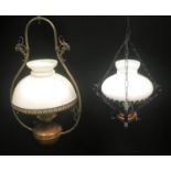 A Victorian ceiling light oil lamp; another 20th century, smaller. (2)