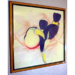 A French printed silk picture, of toucans, Evelyne, soie peinte main, 86cm x 86cm
