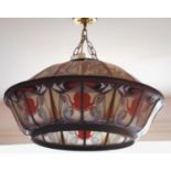 An early 20th century painted opaque glass and leaded ceiling shade, 58cm diam