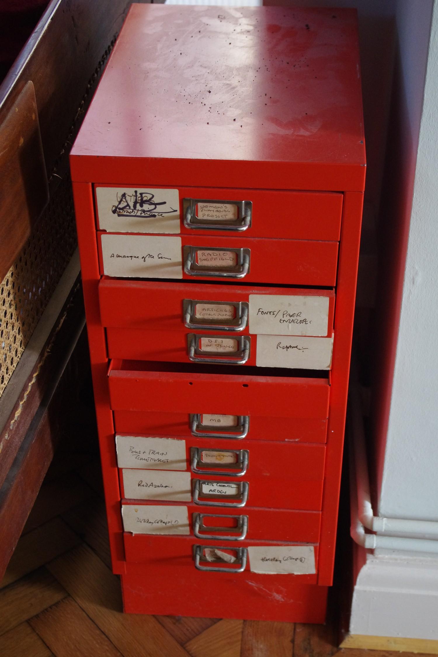 Six red metal filing cabinets, various sizes, the largest 70cm x 28cm x 41cm - Image 2 of 2