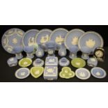 **AMENDED IMAGE** Wedgwood Jasperware, inc. plates, trinket box, vase, black Jasper clock, etc, qty