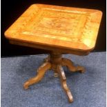A Serento table, marquetry inlaid, cross banded square top, tuned column, four shaped legs. 57.5cm