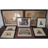 A set of four wood block engravings, Working in the Fields, 9cm x 13cm; The Mill at Baldock in