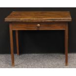 A George III mahogany rectangular tea table, folding top above a small central drawer to frieze,