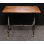 A cast iron and oak pub table, rectangular top, embossed brown & co Derby, 74cm high, 92cm wide,