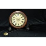 A Victorian mahogany wall clock, circular dial with Roman Numerals, weights en suite, c.1880