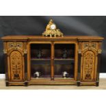 A Victorian parcel-gilt amboyna and marquetry inverted break-centre library side cabinet, in the