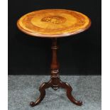 A "Victorian" mahogany and marquetry circular tripod occasional table, the circular top centred with