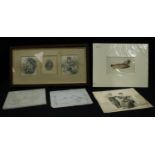 A set of three pencil drawings including the Madonna, framed; a coloured engraving, The Salmon,