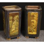 A pair of Chinese floor standing vases, each panel painted in relief, 69cm high