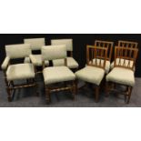 A set of four mahogany dining chairs, stuffed over upholstery, H-stretchers; another set of four oak