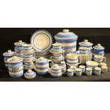 Cornishware blue banded kitchenware, mostly T G Green, comprising coffee jar and cover, tea jar
