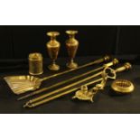 A Regency style brass companion set; a pair of Persian style inverted baluster brass vases; etc