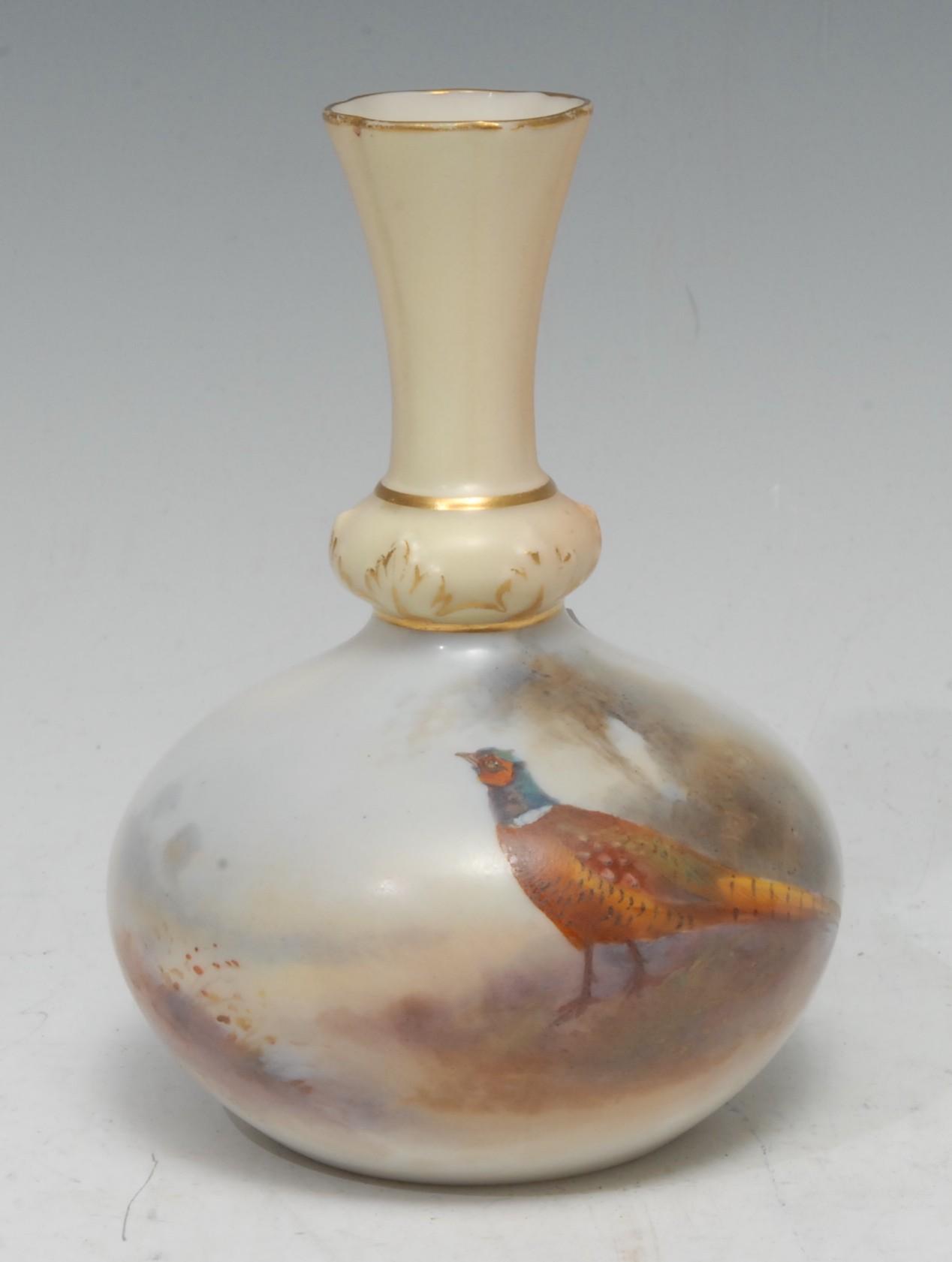 A Royal Worcester globular vase, flared neck, painted by James Stinton, signed, with a brace of