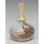 A Royal Worcester globular vase, flared neck, painted by James Stinton, signed, with a brace of