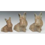 Langley Pottery - two stylised Scottie Dogs, in tan and grey, 21cm high, printed marks, Oakes