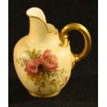 A Royal Worcester blush ivory ovoid jug, printed and painted with summer flowers, picked out in