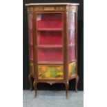 A Louis XV style gilt metal mounted mahogany and Vernis Martin shaped serpentine vitrine, marble top