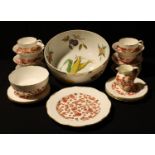 A Coalport tea set for six, printed in red on a white ground; a large Royal Worcester Evesham