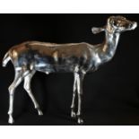 An imposing silver plated cast floor standing model, of a doe deer, 59cm high, 69cm wide, 20th